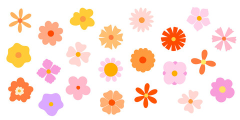 Trendy floral icon illustration set. Playful style flowers on isolated background. Colorful and vibrant spring summer doodle collection.  Trendy floral icon 