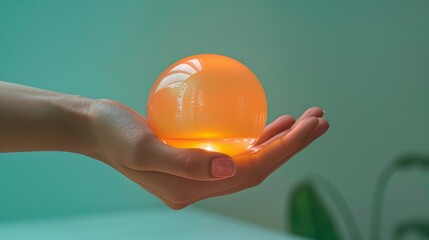 Woman Holding Glowing Orange Orb in a Calm Indoor Setting – Conceptual Imagery