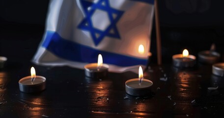 Candlelight and Flag of Israel. Lit candles with an Israeli flag in the background, dark ambiance. World Holocaust Day. Yom azikaron in Hebrew Memorial Day. Day of Remembrance