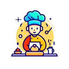 The cook in the kitchen prepares food. Simple flat illustration. Icon for design, website, blog. - 779973368