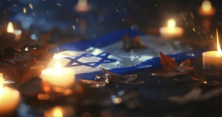 Candlelight and Flag of Israel. Lit candles with an Israeli flag in the background, dark ambiance. World Holocaust Day. Yom azikaron in Hebrew Memorial Day. Day of Remembrance - obrazy, fototapety, plakaty