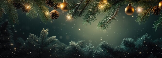Festive Christmas Garland with Golden Ornaments and Pinecones - obrazy, fototapety, plakaty