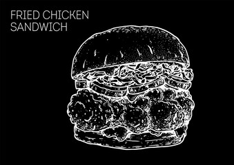 Fried chicken sandwich sketch. Hand drawn vector illustration.