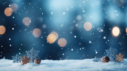 Fototapeta na wymiar Winter Wonderland: Snowflakes and Pinecones on Snowy Background