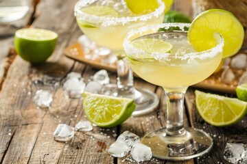 Festive Cinco de Mayo Margaritas. Traditional margaritas with lime and salt, colorful backdrop symbolizing Cinco de Mayo festivities.