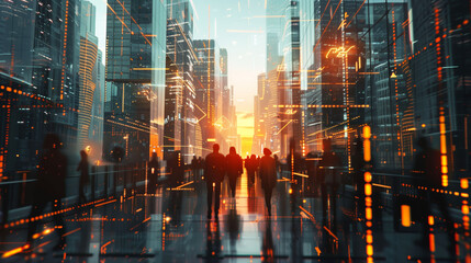 Silhouetted figures walk towards a sunset in a futuristic city overlaid with glowing digital financial data graphics..