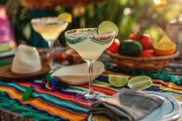 Festive Cinco de Mayo Margaritas. Traditional margaritas with lime and salt, colorful backdrop symbolizing Cinco de Mayo festivities.
