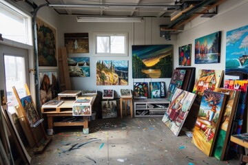 Interior of a studio with paintings and art