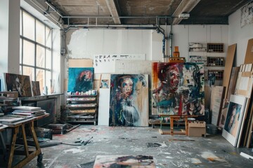 Interior of a studio with paintings and art