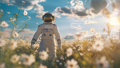 Astronaut returned to EARTH AFTER SPACE mission walking enjoying chamomile field in space suit and helmet in the grass with beautiful flowers. Sci-Fi, ecology and human space traveling concept image. - obrazy, fototapety, plakaty