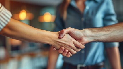 copy space, stockphoto, Business woman shaking hands with man during a meeting at the office, close up view of handshakes and a business deal in an open space. High quality photo. wideangle lens, full