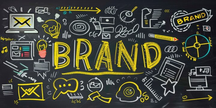 A hand-drawn chalkboard diagram shows the word BRAND in yellow, surrounded by icons representing logo design, marketing strategy, social media advertising, and graphic design work.