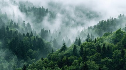 Misty fir or pines forest with fog in the morning landscape. AI generated image