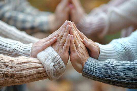 Group of senior people holding hands, closeup view. Unity concept