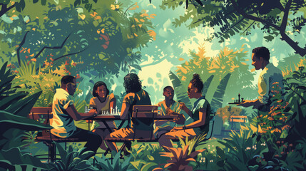Friends Enjoying a Game of Chess in a Lush Garden. - obrazy, fototapety, plakaty