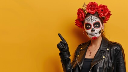 A woman with sugar skull face art and a red flower wreath on her head dressed in a black leather jacket