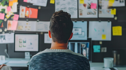 man overviewing a board with notes on the wall, generative ai