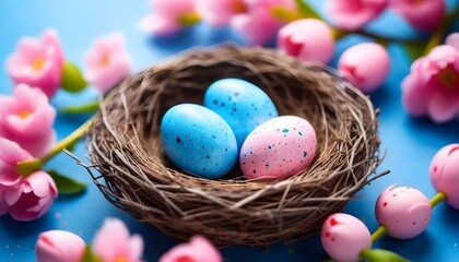 A bird's nest with pastel-colored Easter eggs on a wooden surface