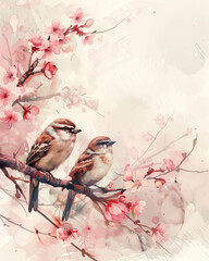 Charming Sparrows on Cherry Blossom Branch Watercolor Art