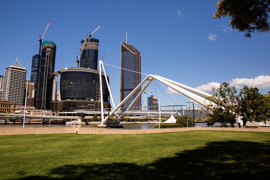 Brisbane city skyline and Neville Bonner Bridge from Southbank