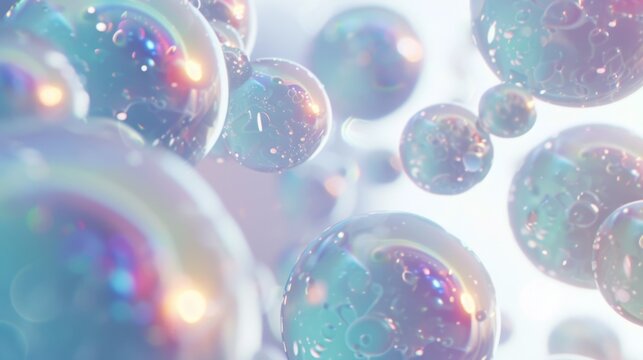 A dazzling array of soap bubbles with holographic surfaces, floating amidst a dreamlike haze, inspire whimsy and fascination.
