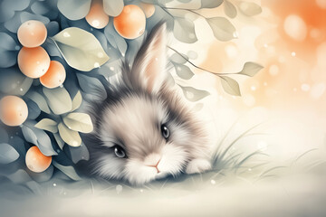Adorable Fluffy Bunny Hiding Among Berries and Leaves Illustration