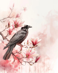Elegant Raven Perched Amongst Blossoming Pink Magnolias