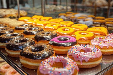 Assorted colorful donuts on display at a bakery showcase.