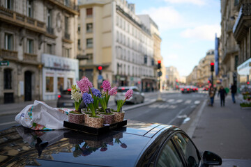 flowers on a car top on the street in Paris