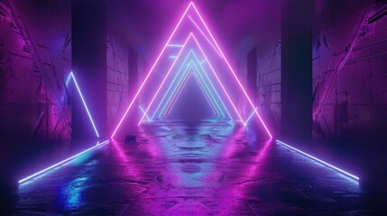 3d render triangular tunnel graphics with ultraviolet neon glowing lines background. AI generated