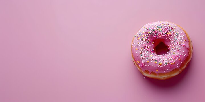 A pink frosted donut with colorful sprinkles on a pink background with ample copy space.