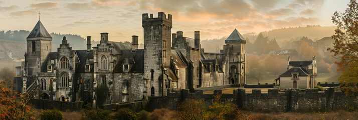 Showcasing classic medieval grandeur: A splendid fortified castle resting on a hilly terrain - obrazy, fototapety, plakaty