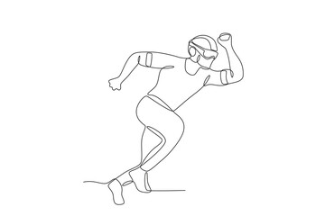 Running athlete wearing vr glasses helmet.Future athletes one-line drawing