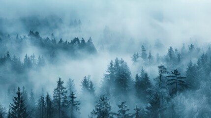 Misty fir or pines forest with fog in the morning landscape. AI generated image