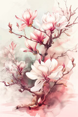Watercolor Magnolia Branches in Full Bloom, Pastel Illustration