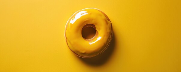 A single yellow glazed donut on a vibrant yellow background.