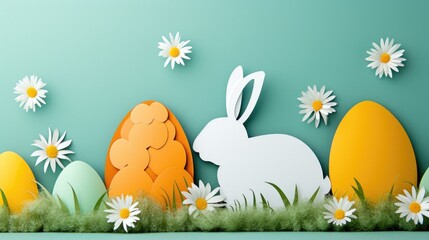 A paper cut Easter bunny sits among flowers, eggs, and daisies in the grassy meadow, surrounded by the beauty of nature and plant life AIG42E - Powered by Adobe