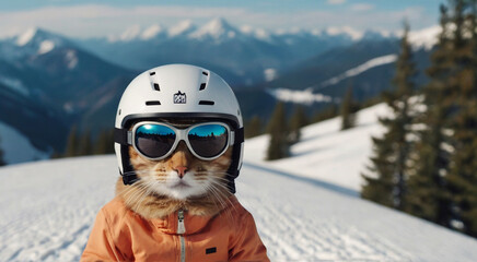 Fototapeta na wymiar A cat in a helmet, glasses and a snowboard in the mountains. Cartoon concept. Happy sporty cat.