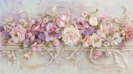 A romantic, pastel-colored bas-relief artwork that portrays a symphony of flowers interwoven with pearls and ribbons, encapsulating the essence of Rococo art.