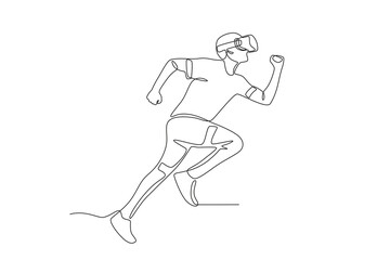 Running athlete using vr glasses.Future athletes one-line drawing