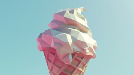 An imaginative take on dessert with a single ice cream cone rendered in geometric shapes, combining digital artistry with the nostalgia of a sweet, summertime treat.