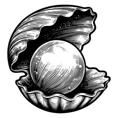 Pearl in Open Oyster Shell Engraving illustration - obrazy, fototapety, plakaty