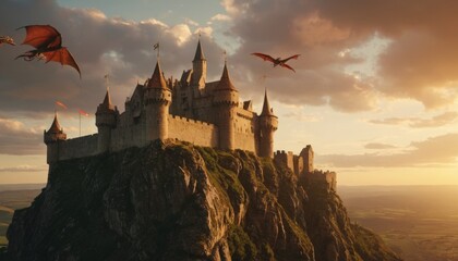 Majestic castle on a cliff with dragons soaring in the sky, evoking a timeless scene from a fantasy realm. - obrazy, fototapety, plakaty