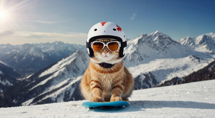A cat in a helmet, glasses and a snowboard in the mountains. Cartoon concept. Happy sporty cat. - obrazy, fototapety, plakaty