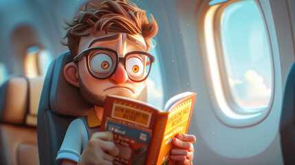 A playful cartoon scene showing a character sweating and reading a book to Overcome Fear of Flying on a plane