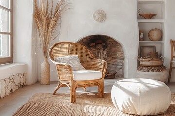Rattan lounge chair wicker pouf. Bohemian style interior.