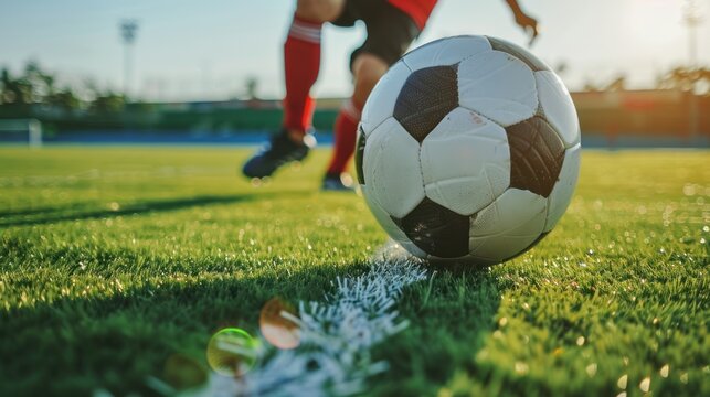 Close up portrait football player kick a ball on grass stadium. AI generated image