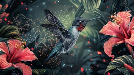 Hummingbird with geometric shapes and flowers - A hummingbird with geometric digital patterns flies among vibrant red flowers, mixing nature and digital art