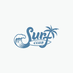 Wave and surfboard design template for surf club, surf shop, surf merch.
