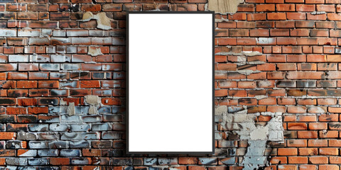 A white frame is hanging on a brick wall. The frame is empty and the wall is covered in graffiti